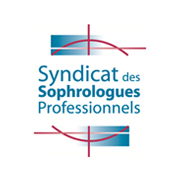 logo syndicat des sophrologues professionnels, texte au milieu avec des formes rectangulaires en bleu et un cercle rouge